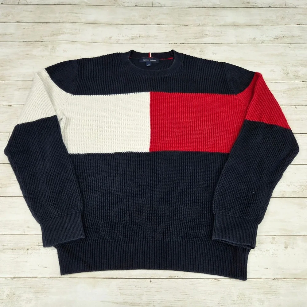 Tommy Hilfiger Sweater Mens‎ Large Navy Red White Flag Colorblock Ribbed 78E2758